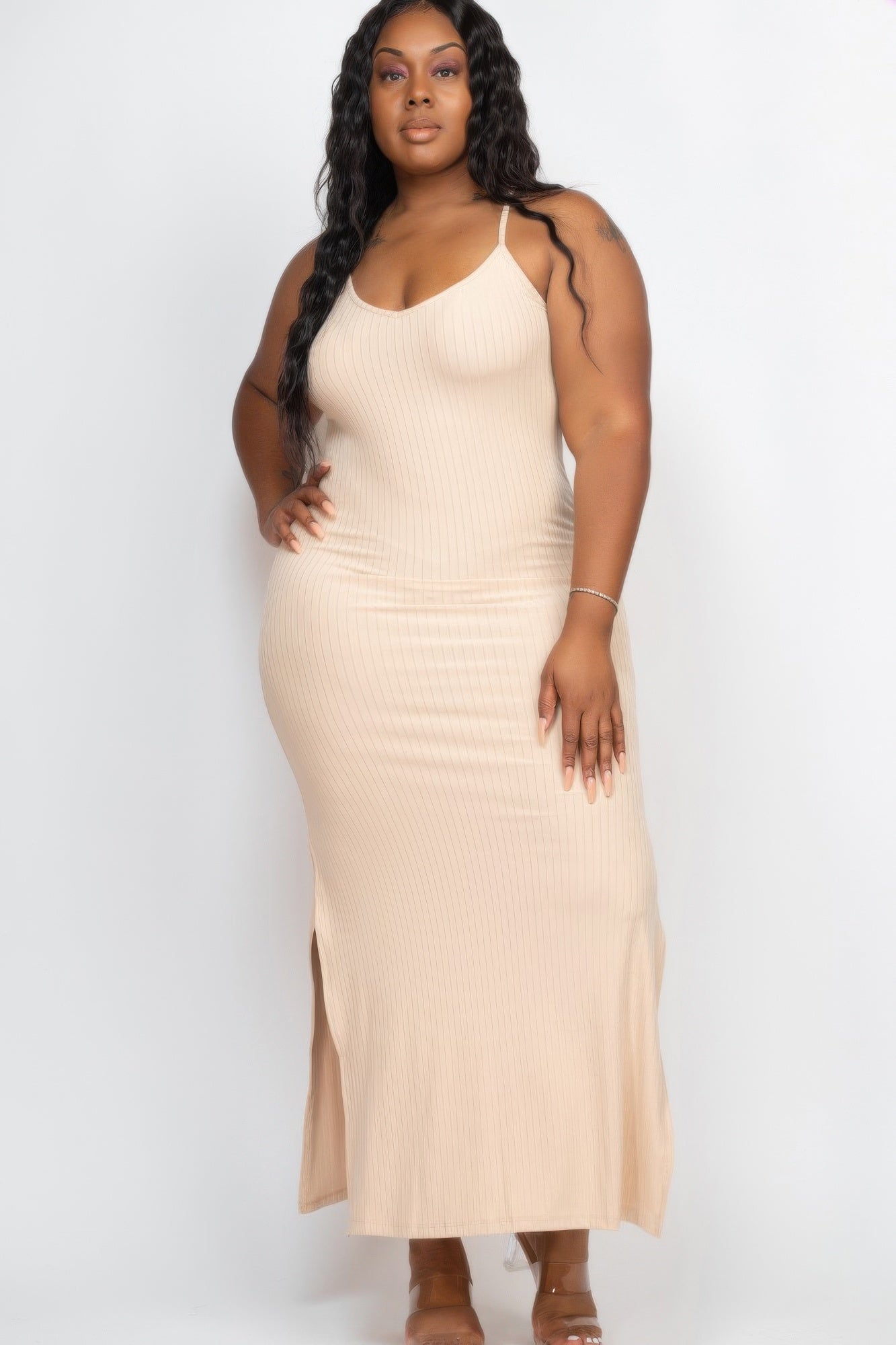 Plus Size Ribbed Side Slit Long Cami Maxi Dress in beige, offering comfort and style with a flattering silhouette.