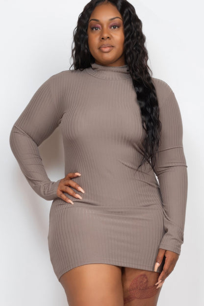Plus size ribbed bodycon dress on a model featuring long sleeves and mock neck design, showcasing a flattering silhouette.
