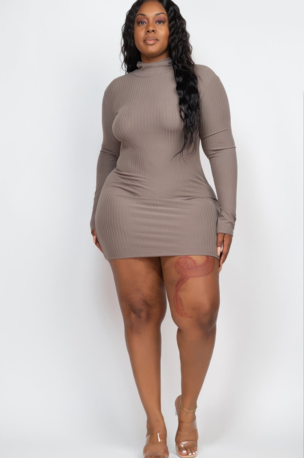 Plus size ribbed bodycon dress featuring long sleeves and a mock neck in a stylish taupe color.