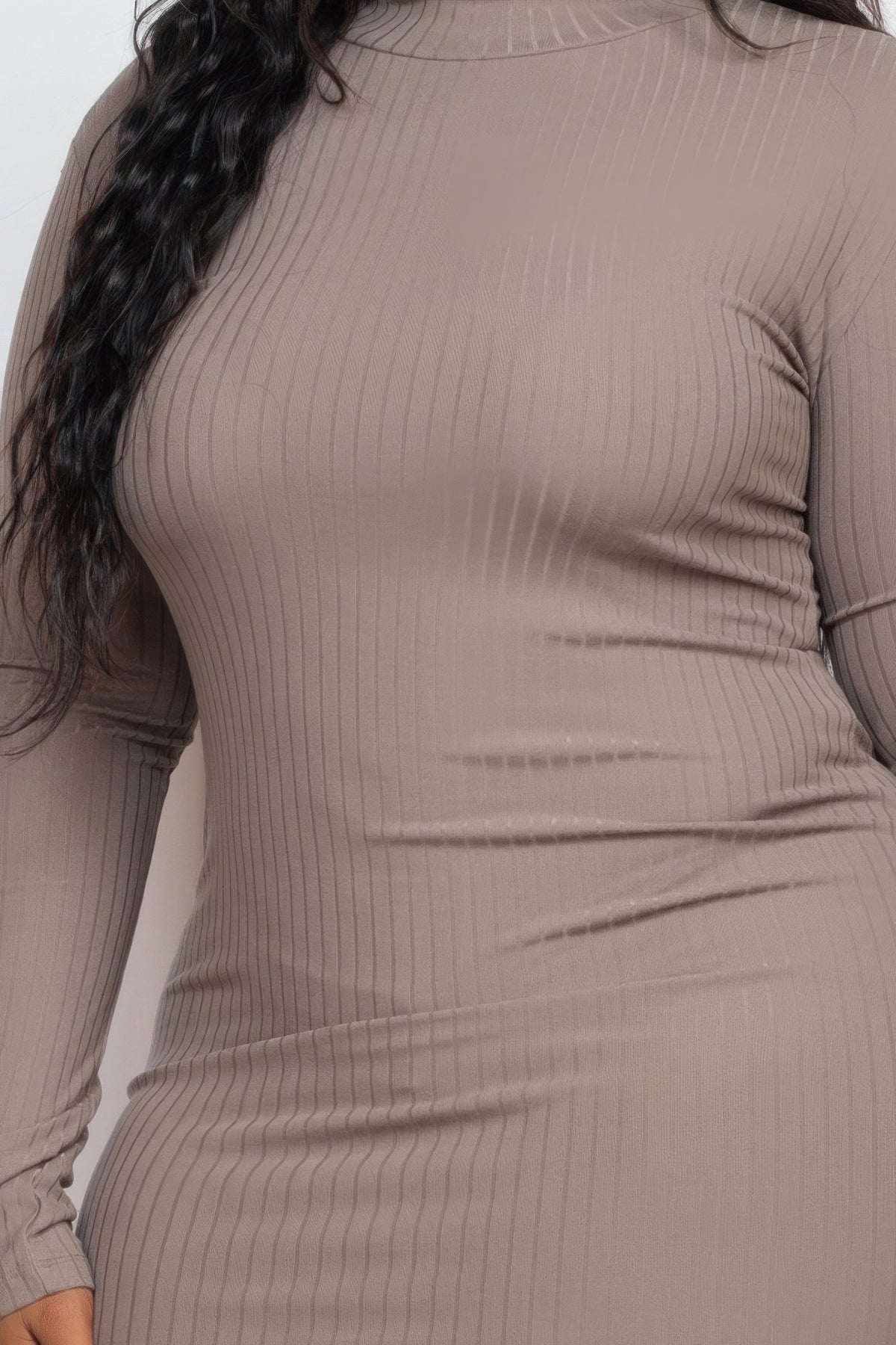 Plus size ribbed bodycon dress in soft rib knit fabric, featuring long sleeves and a mock neck design.