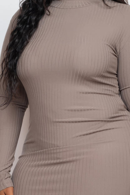 Plus size ribbed bodycon dress in soft rib knit fabric, featuring long sleeves and a mock neck design.