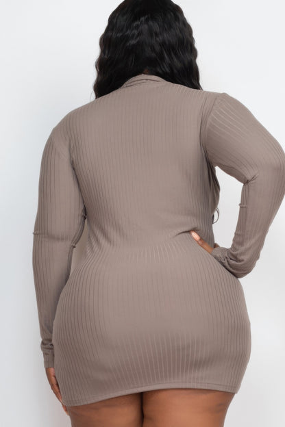 Back view of a plus size ribbed bodycon dress, showcasing its sleek design and flattering fit.