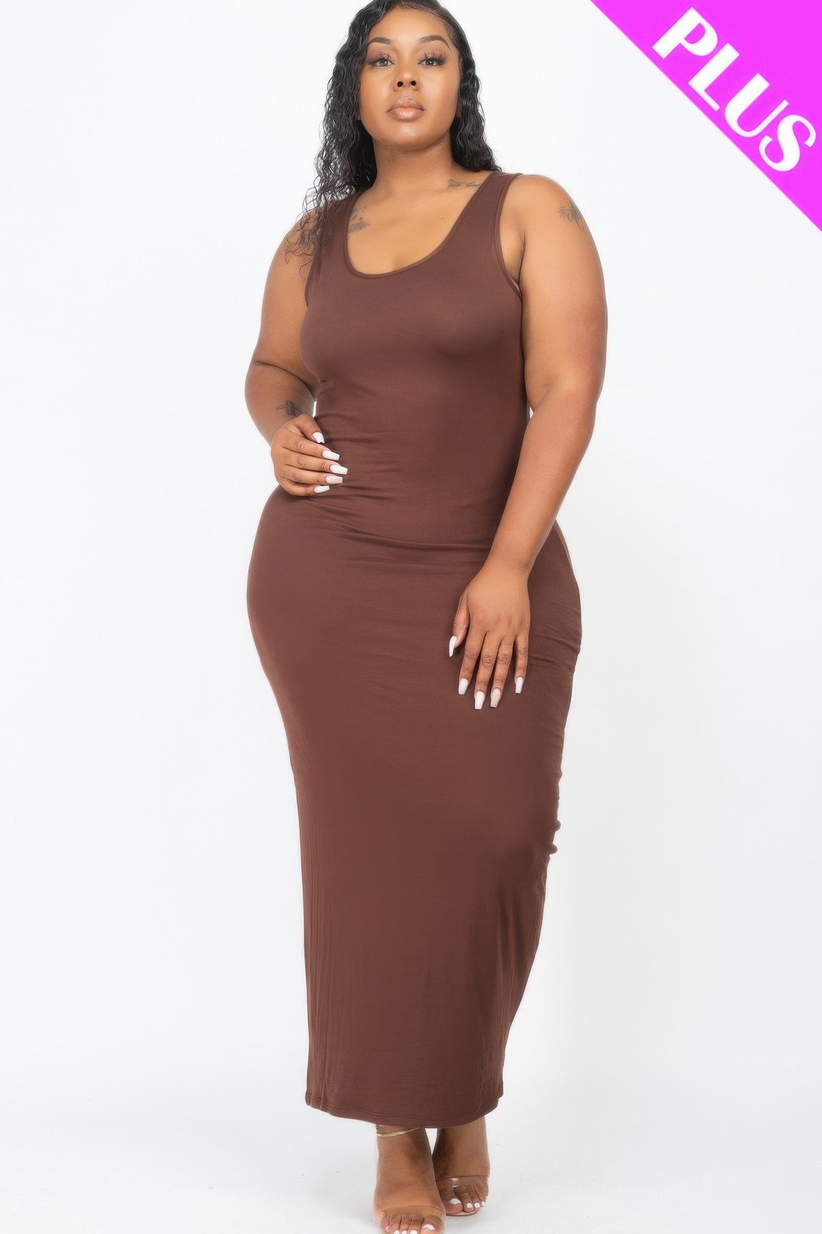 Plus size solid maxi dress in brown, featuring a soft, lightweight jersey fabric and a flattering fit for all-day comfort.