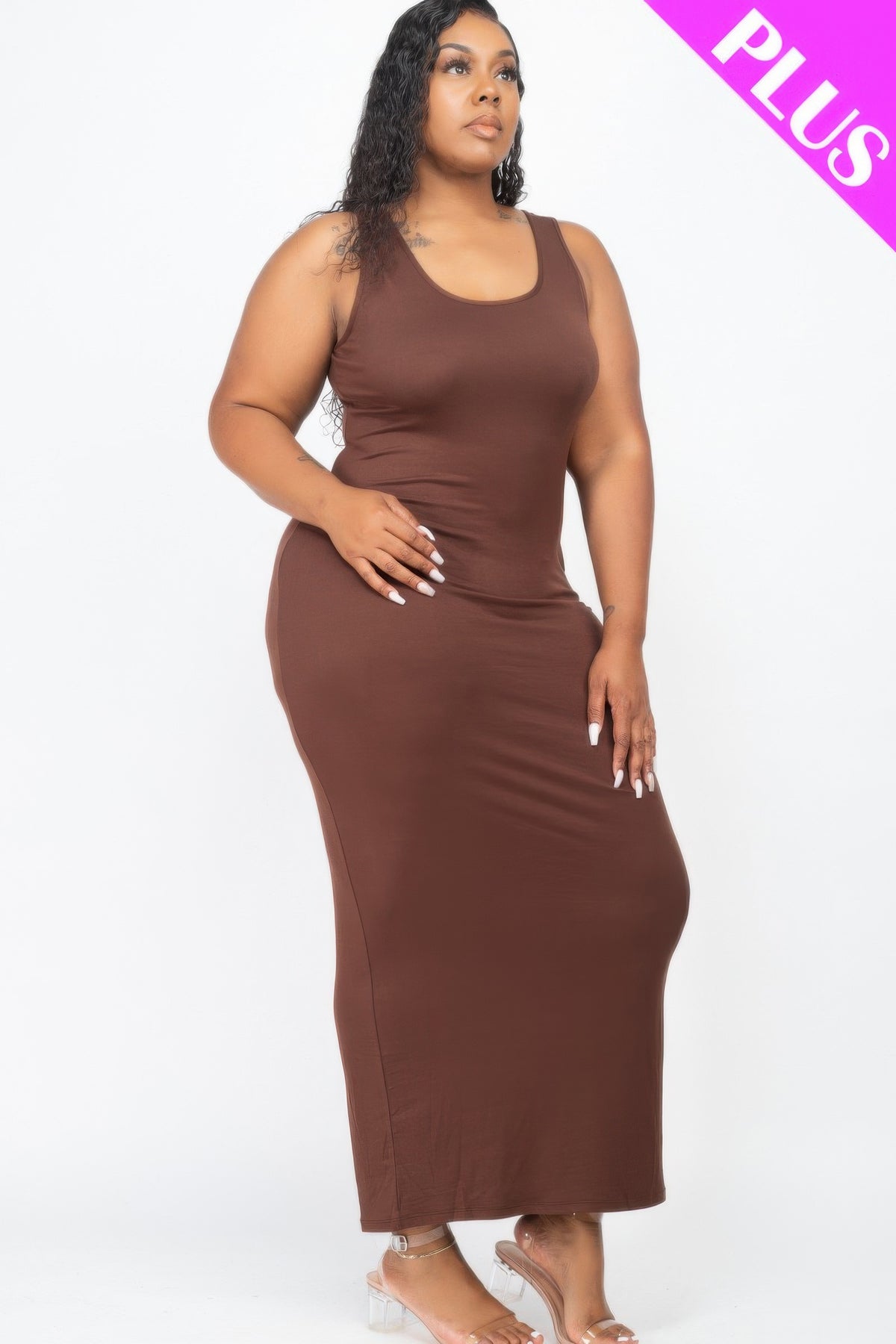 Plus size solid maxi dress in brown, featuring a sleek and comfortable design for all-day wear.