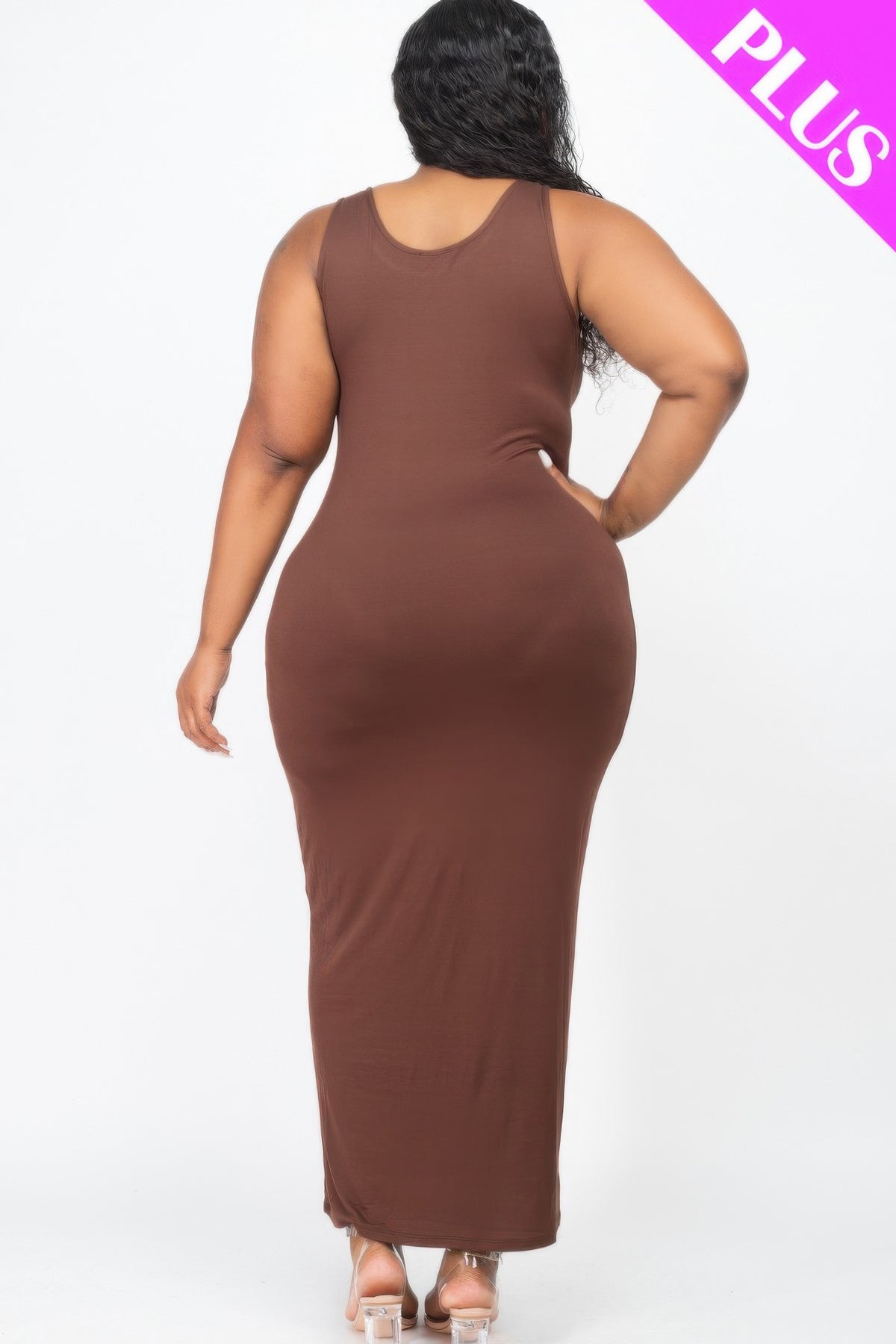 Plus size solid maxi dress in brown, showcasing a flattering fit and sleek design from the back.