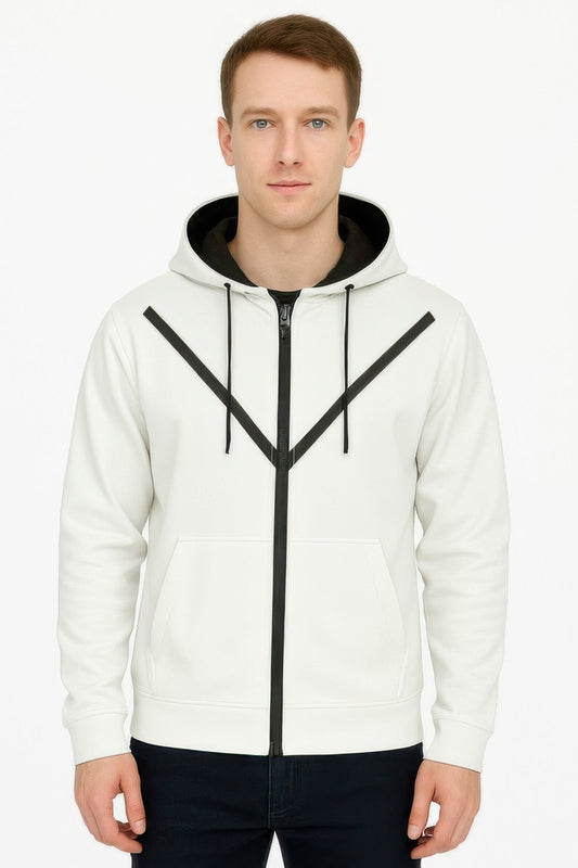 Full Zip Up Hoodie Sweatshirt in white with adjustable drawstring and zip front, perfect for casual wear.