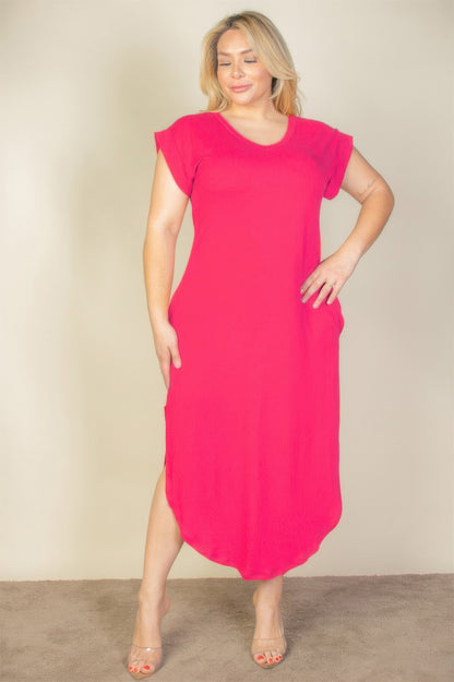 Plus size batwing sleeve long dress in vibrant pink, featuring a V-neck and hidden pockets for comfort and style.