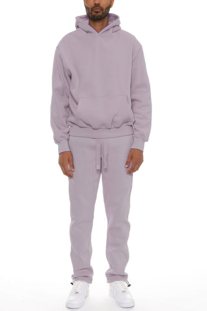 Unisex model wearing a Premium Cotton Blend Hoodie Set in light purple for casual comfort and style.