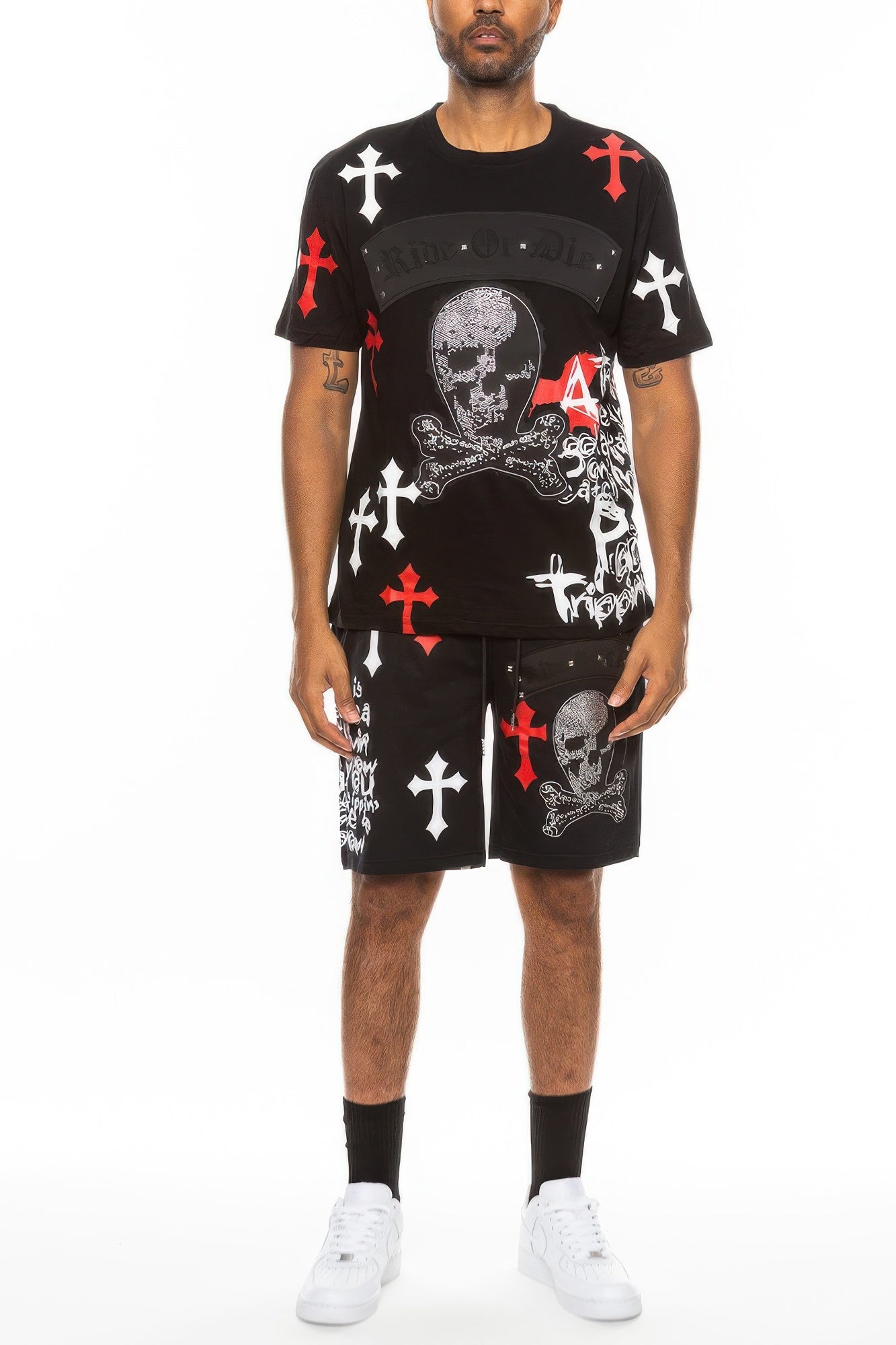 Alt Tag: men's chrome cross graphic t-shirt and shorts set in Black Red, matching crewneck tee and printed shorts with skull and cross artwork