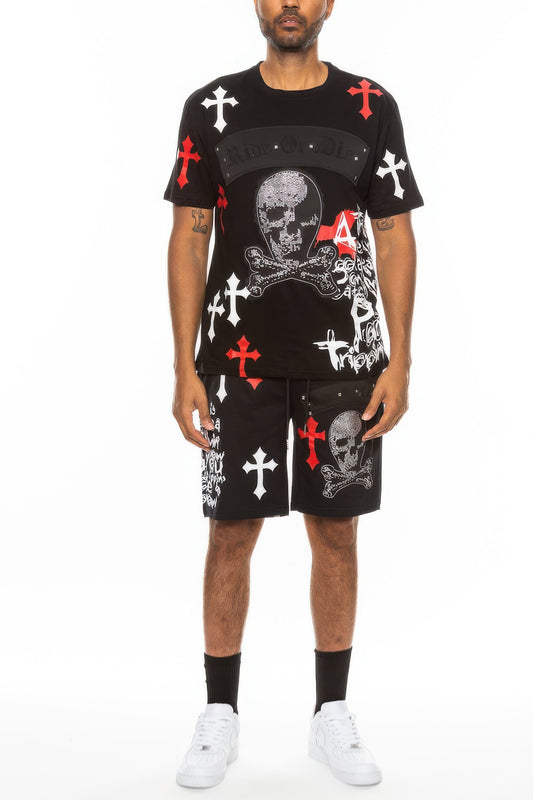 Alt Tag: men's chrome cross graphic t-shirt and shorts set in Black Red, matching crewneck tee and printed shorts with skull and cross artwork
