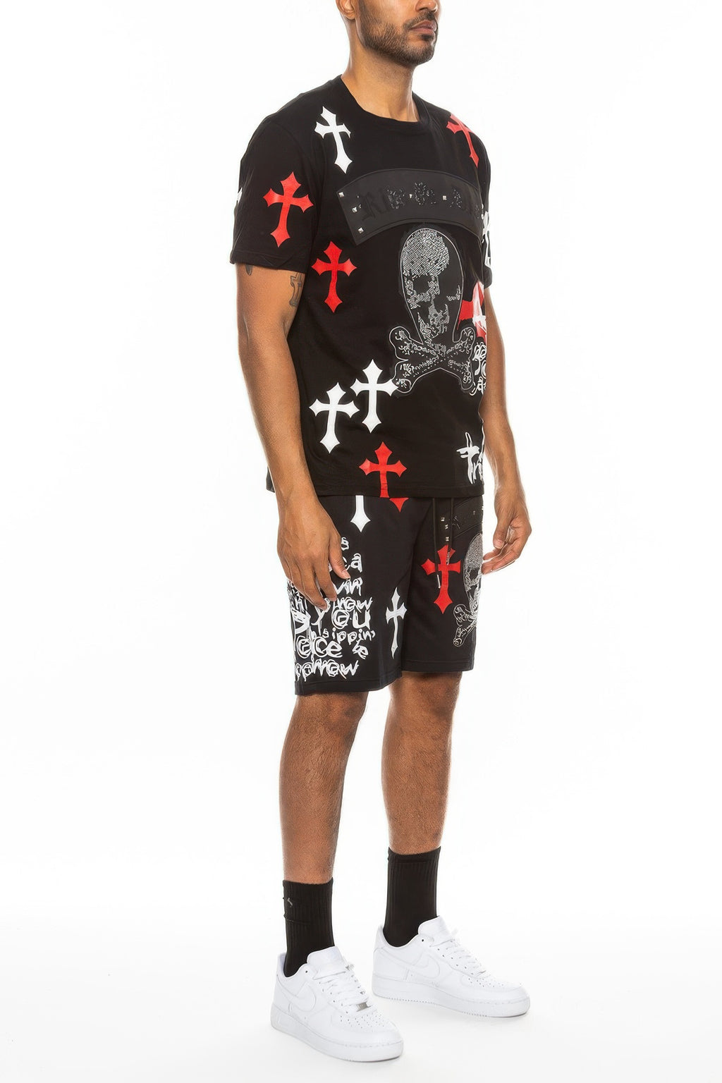 Alt Tag: men's chrome cross graphic t-shirt and shorts set with black tee and matching printed shorts featuring skull, cross, and chrome-style art