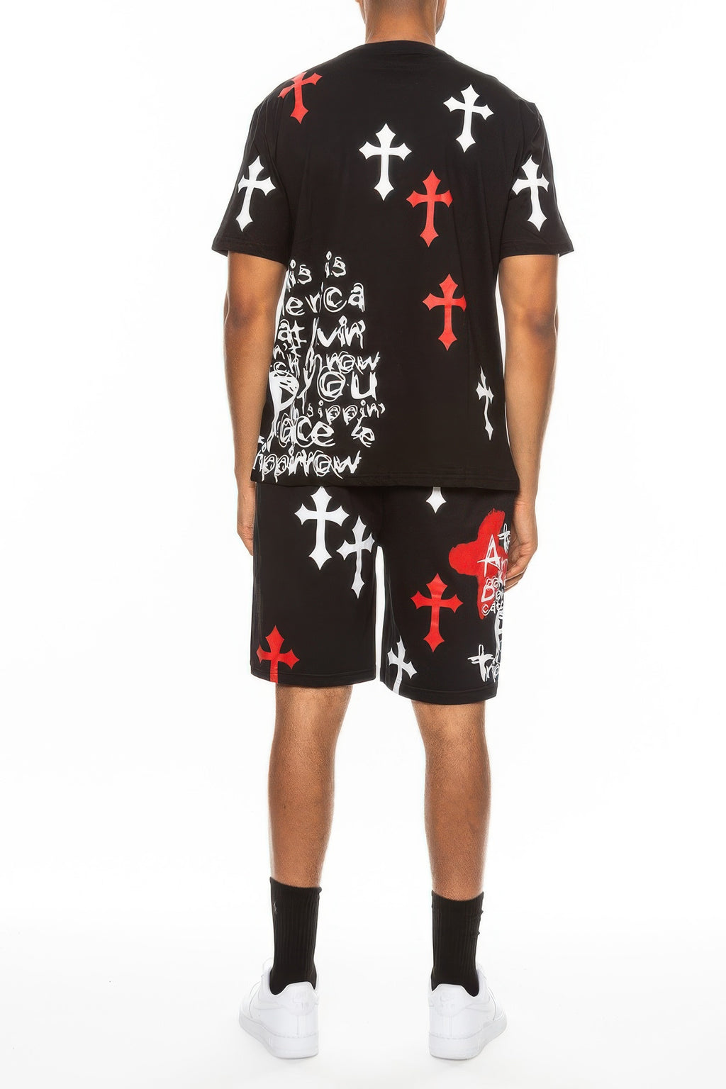 Alt Tag: Back view of men's chrome cross graphic t-shirt and shorts set with red and white cross prints and matching printed shorts