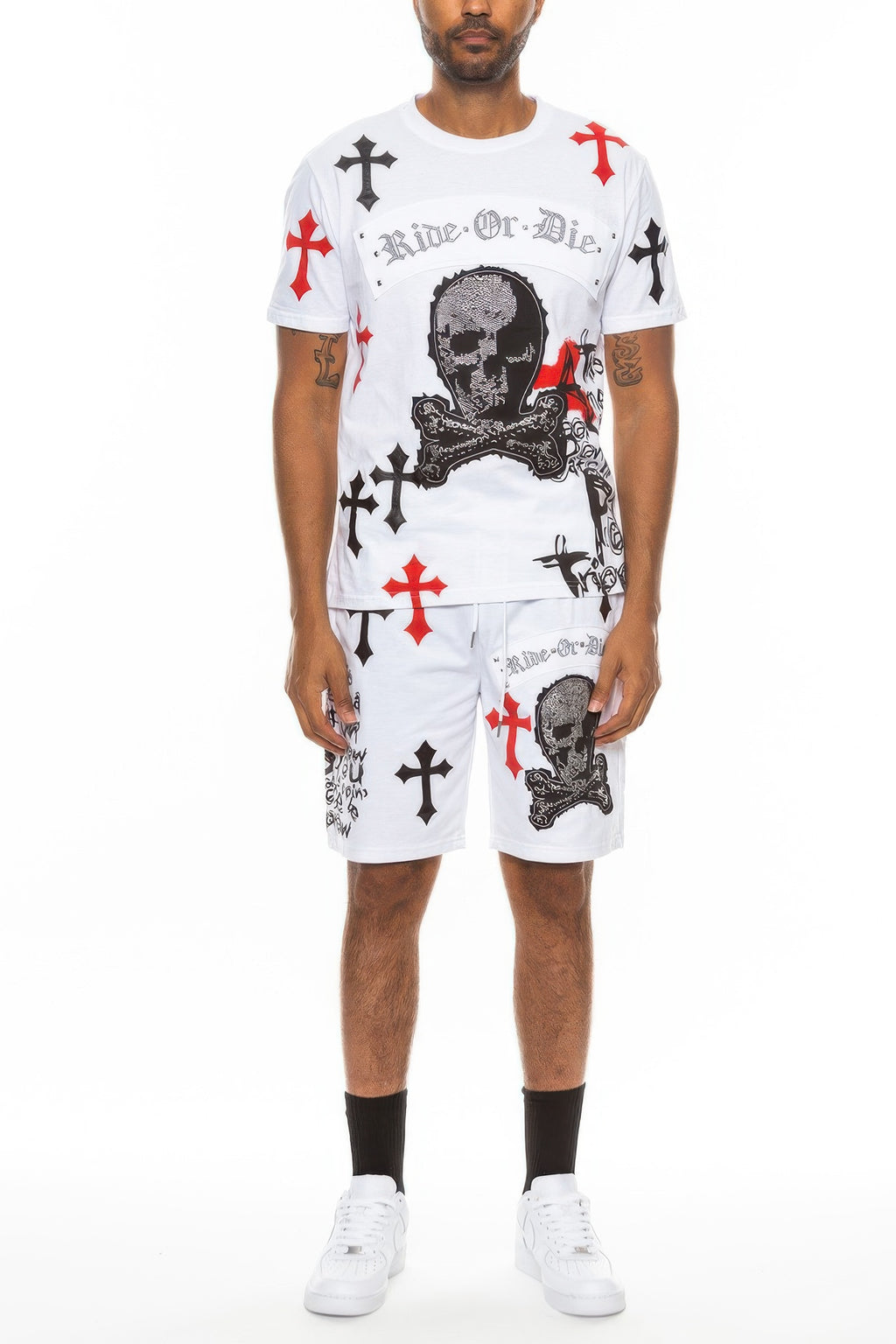 Alt Tag: men's chrome cross graphic t-shirt and shorts set with skull and cross artwork on white short-sleeve tee and matching printed shorts
