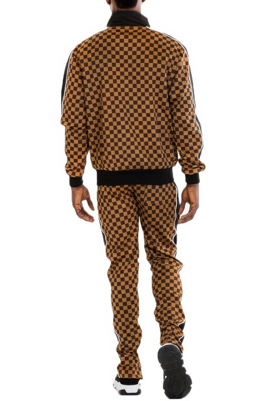 Model showcasing a checkered athleisure matching set from the back, highlighting the stylish design and fit.