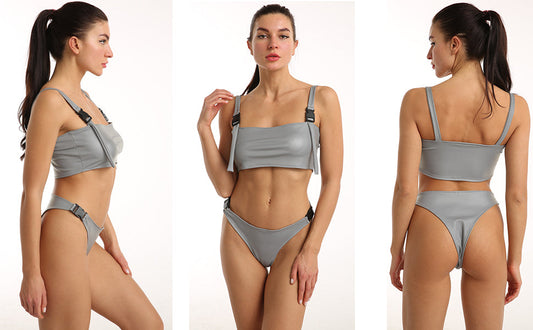 Reflective bikini set displayed from multiple angles, featuring a triangle top and high cut bottom in a stylish grey finish.