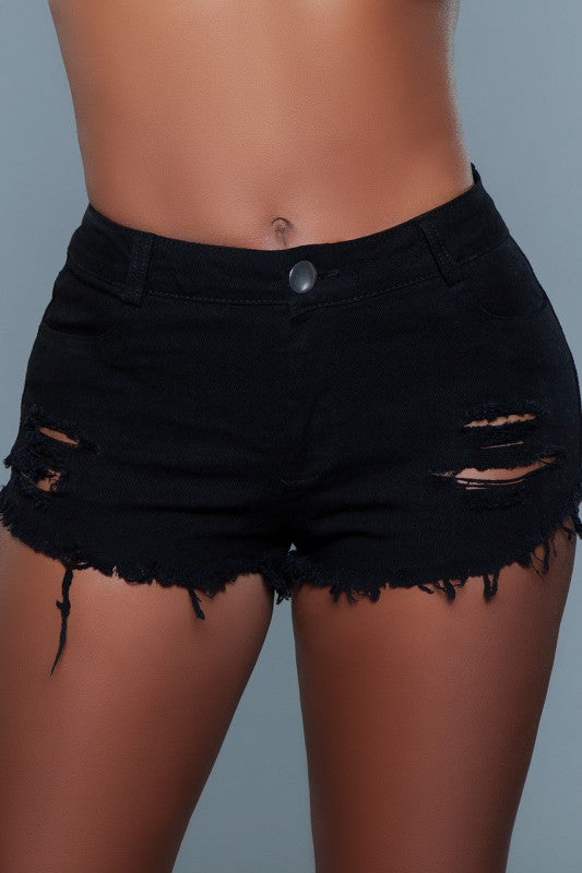high waisted denim booty shorts with distressed design and frayed hem, perfect for stylish summer looks.
