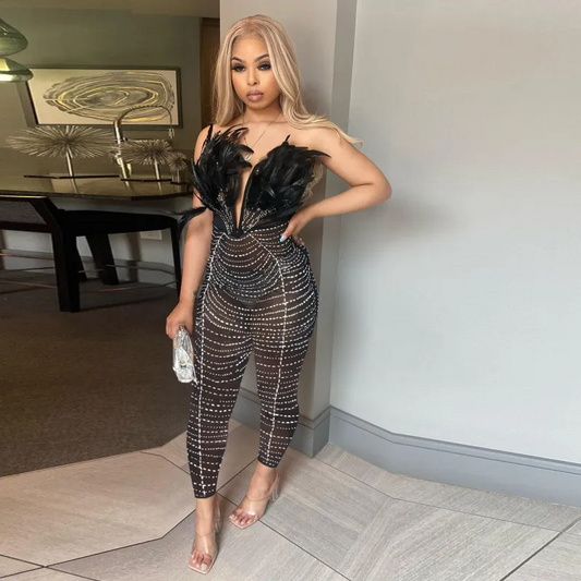 Rhinestone Deep V Jumpsuit