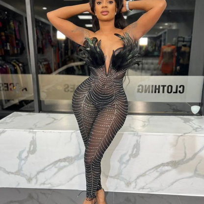 FASHIONTIY rhinestone deep V jumpsuit with sparkling embellishments, close-up detail of the elegant design and deep V neckline.