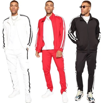 Men's striped jogger set featuring three color variations: white, red, and black with contrast side stripes.