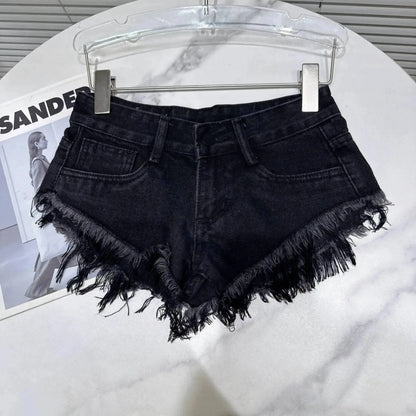 Distressed Raw-Hem Low-Rise Denim Shorts with frayed hem and low-rise fit, perfect for summer outfits.