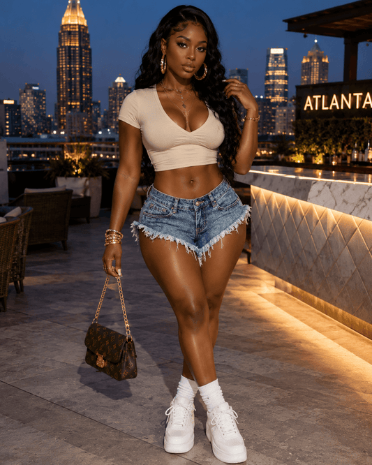 Woman modeling Distressed Raw-Hem Low-Rise Denim Shorts with city skyline at night, showcasing summer style.