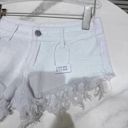 Distressed Raw-Hem Low-Rise Denim Shorts showcasing a frayed hem and fitted low-rise waist for stylish summer wear.