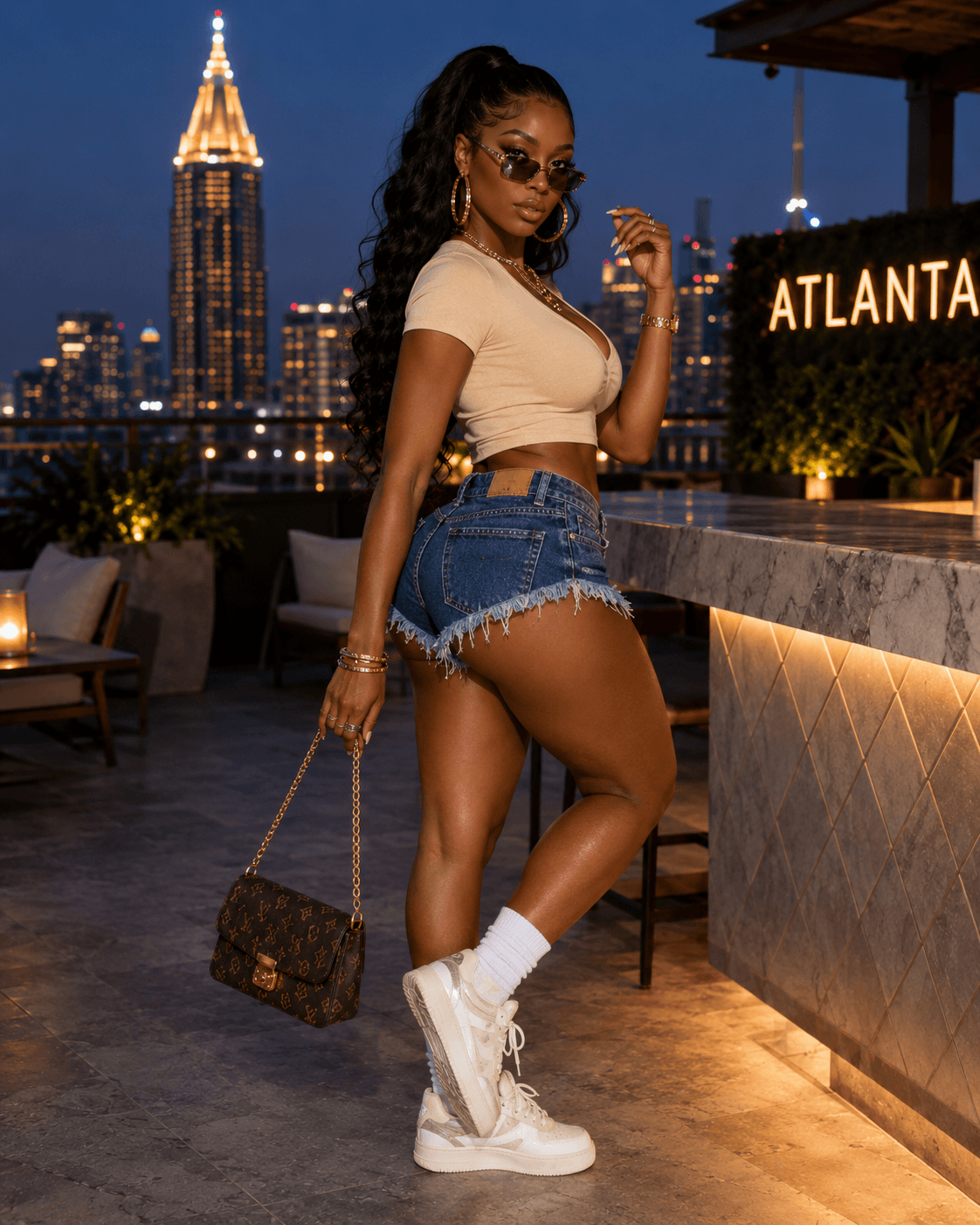 A stylish woman wearing Distressed Raw-Hem Low-Rise Denim Shorts and posing in a city rooftop setting at night.