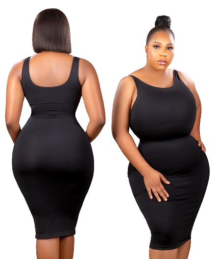 Tummy control bodycon dress displayed on models, showcasing seamless design and perfect fit, ideal for effortless style.