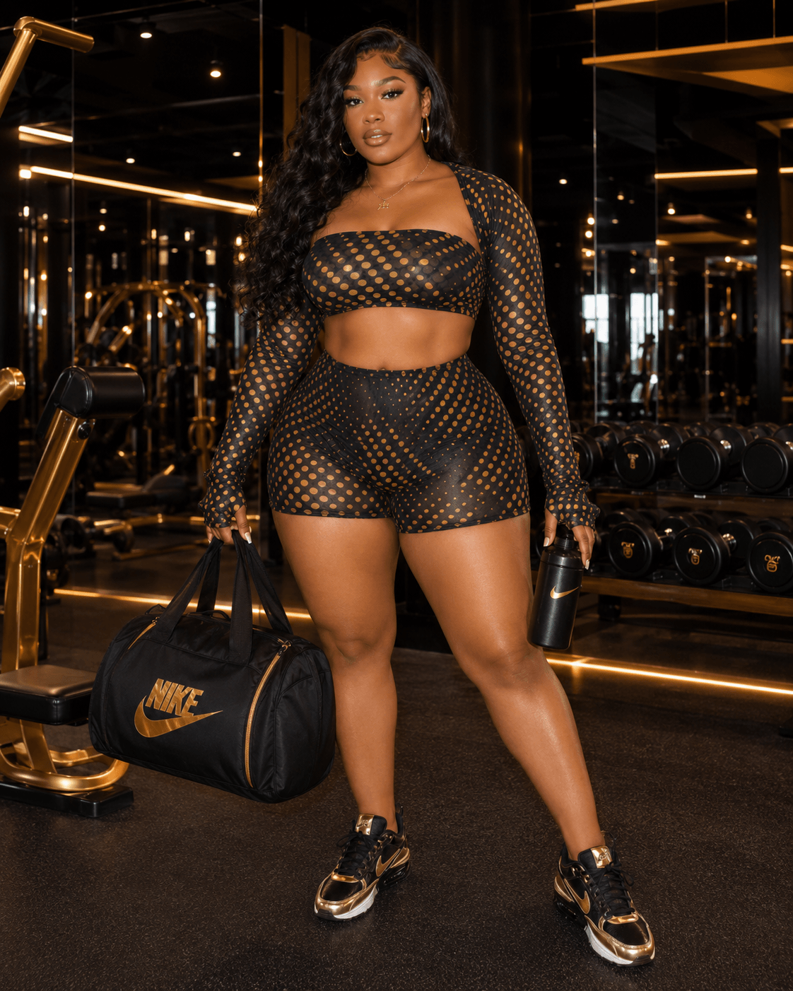 Gold Polka Dot Mesh 3-Piece Crop Top & Shorts Set displayed in a stylish gym setting, showcasing its vibrant design.