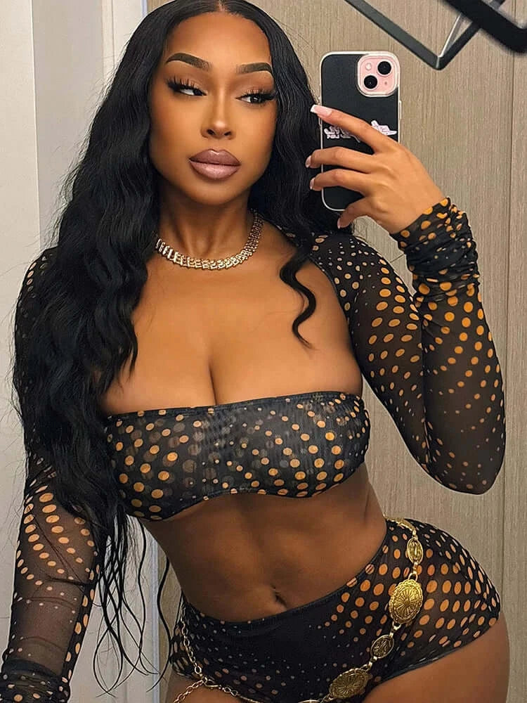Gold Polka Dot Mesh 3-Piece Crop Top & Shorts Set featuring sheer black mesh with gold dots.