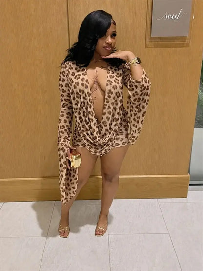 Draped Cowl Neck Printed Backless Mini Dress featuring a plunging neckline and flowy sleeves in leopard print.