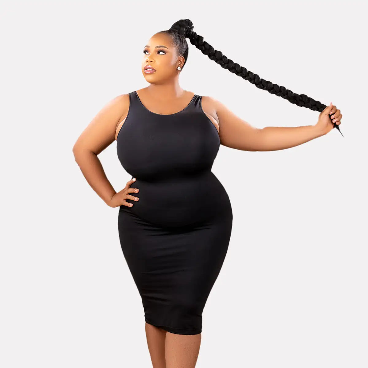 Shapewear Bodycon Dress – Tummy Control Snatch Dress – Seamless Sculpting Midi Dress (Black)