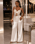 Model wearing Pearl-Effect Beaded Fringe Bustier Crop Top with wide-leg pants, styled for an elegant evening look.