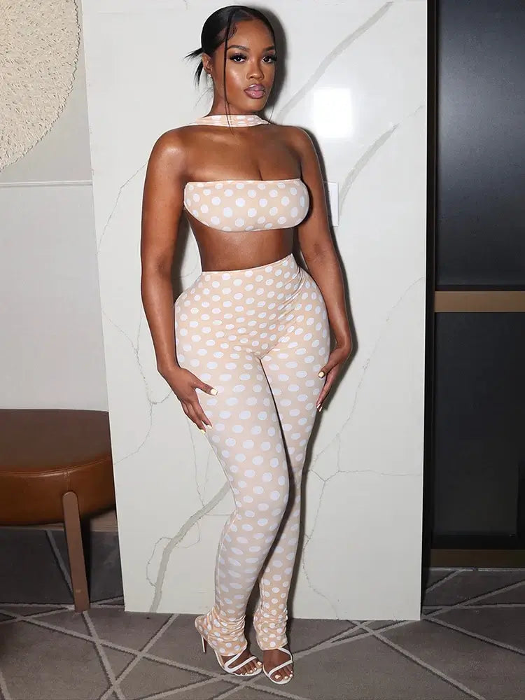 Retro Dot Bandeau Crop Top & High-Waist Leggings Set in beige with polka dots, showcasing stylish bandeau and form-fitting leggings.