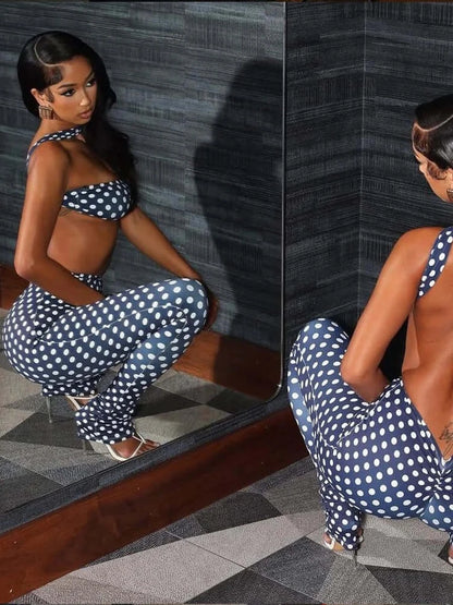 Retro Dot Bandeau Crop Top & High-Waist Leggings Set showcased in a chic mirror reflection, highlighting its trendy polka dot design.