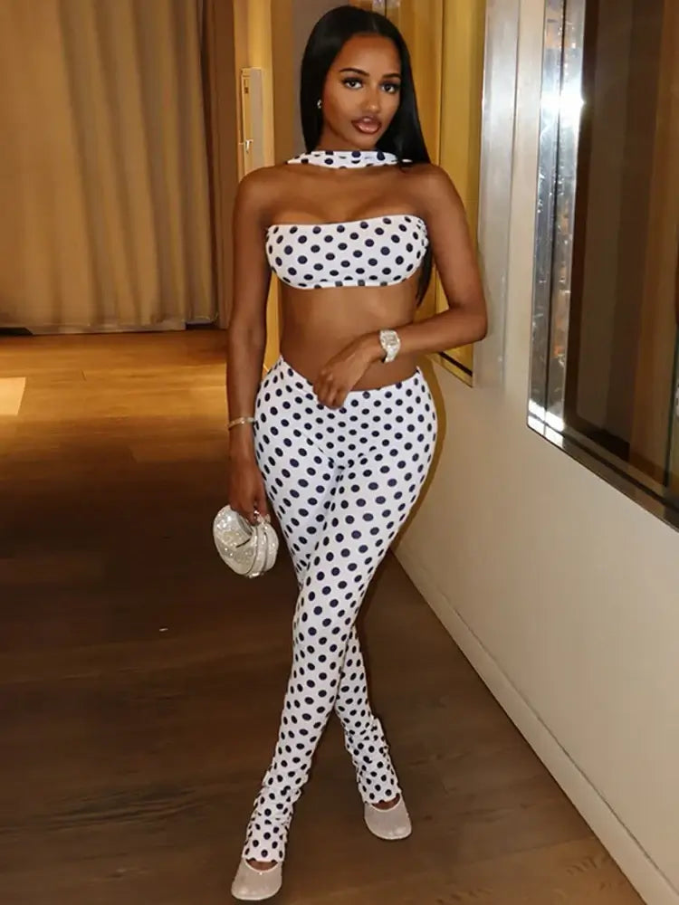 Retro Dot Bandeau Crop Top & High-Waist Leggings Set on a model showcasing a chic polka dot design.
