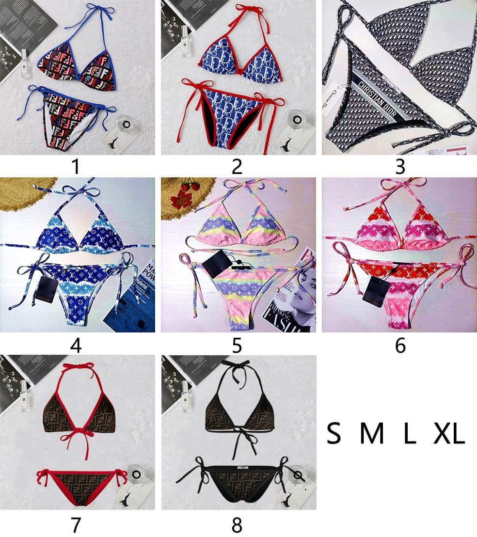 Collection of stylish tie side bikinis with various patterns and colors, perfect for beach wear.