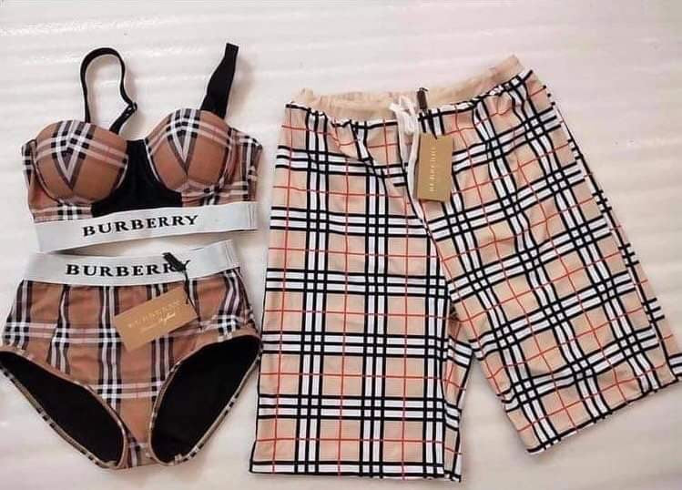 His and Her matching monogram swimwear set featuring Burberry plaid design, perfect for stylish beach outings.