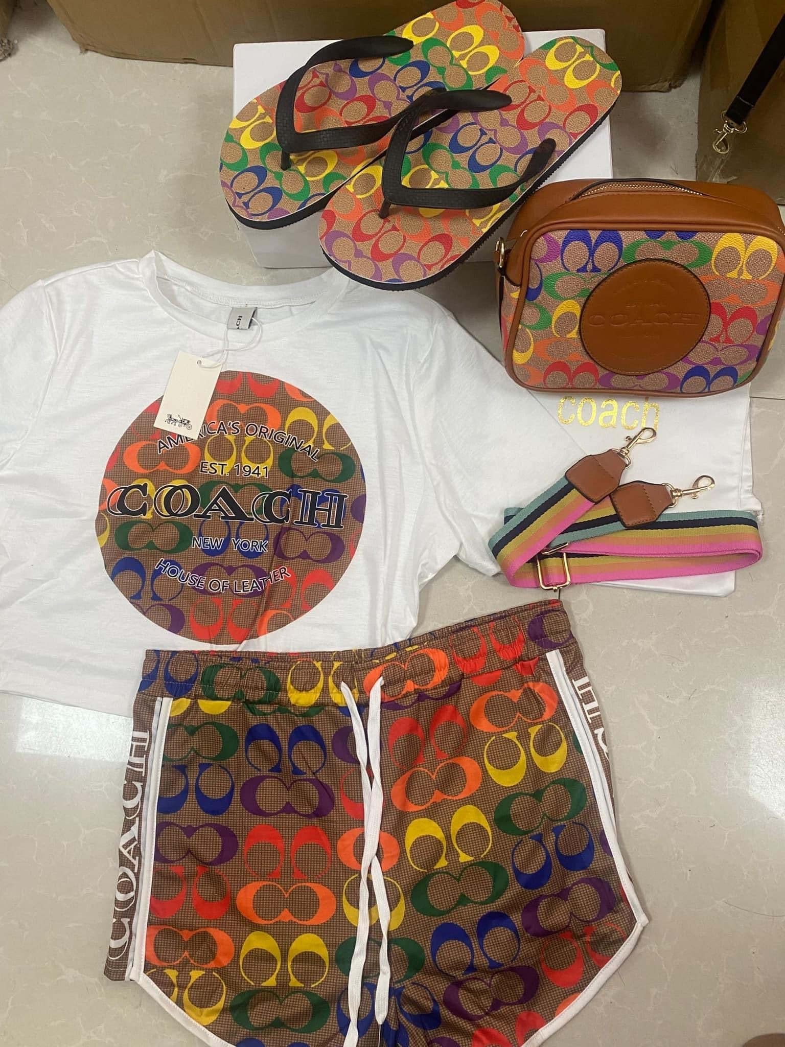 4-piece summer matching set featuring a graphic tee, colorful shorts, stylish sandals, and a coordinating crossbody bag.