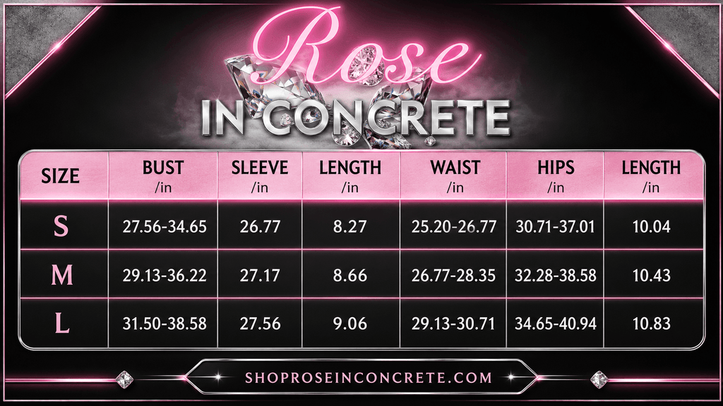 Size chart for clothing with measurements for bust, sleeve, length, waist, hips for S, M, L sizes.
