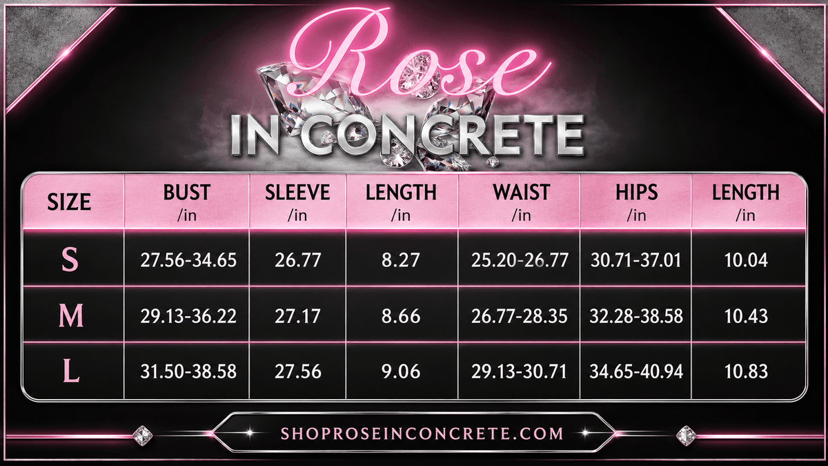 Size chart for clothing with measurements for bust, sleeve, length, waist, hips for S, M, L sizes.