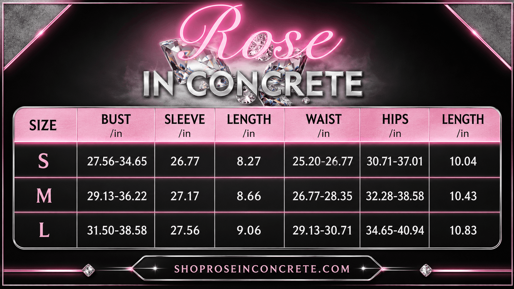 Size chart for clothing with measurements for bust, sleeve, length, waist, hips for S, M, L sizes.