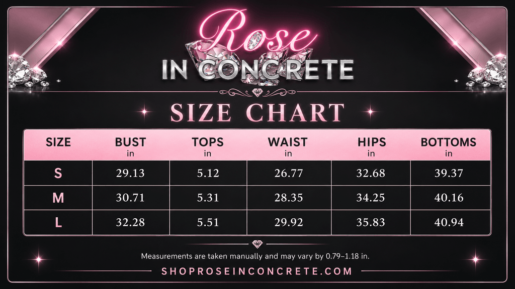 Size chart for Rose in Concrete including bust, waist, hips, and bottoms measurements for S, M, and L sizes.