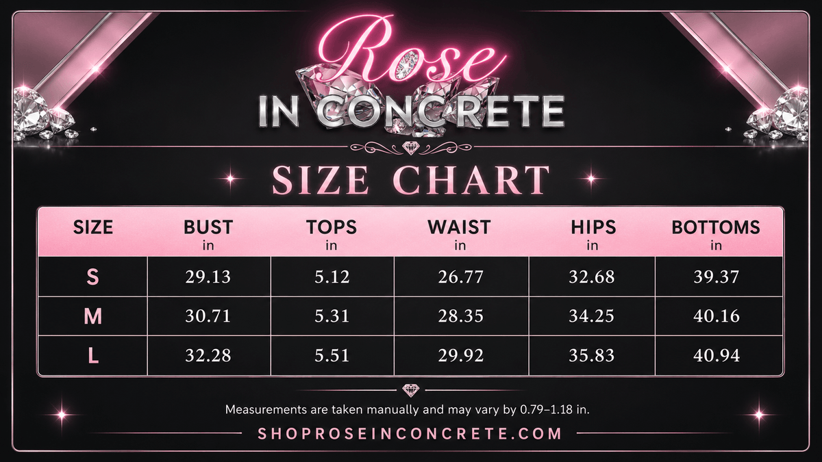 Size chart for Rose in Concrete including bust, waist, hips, and bottoms measurements for S, M, and L sizes.