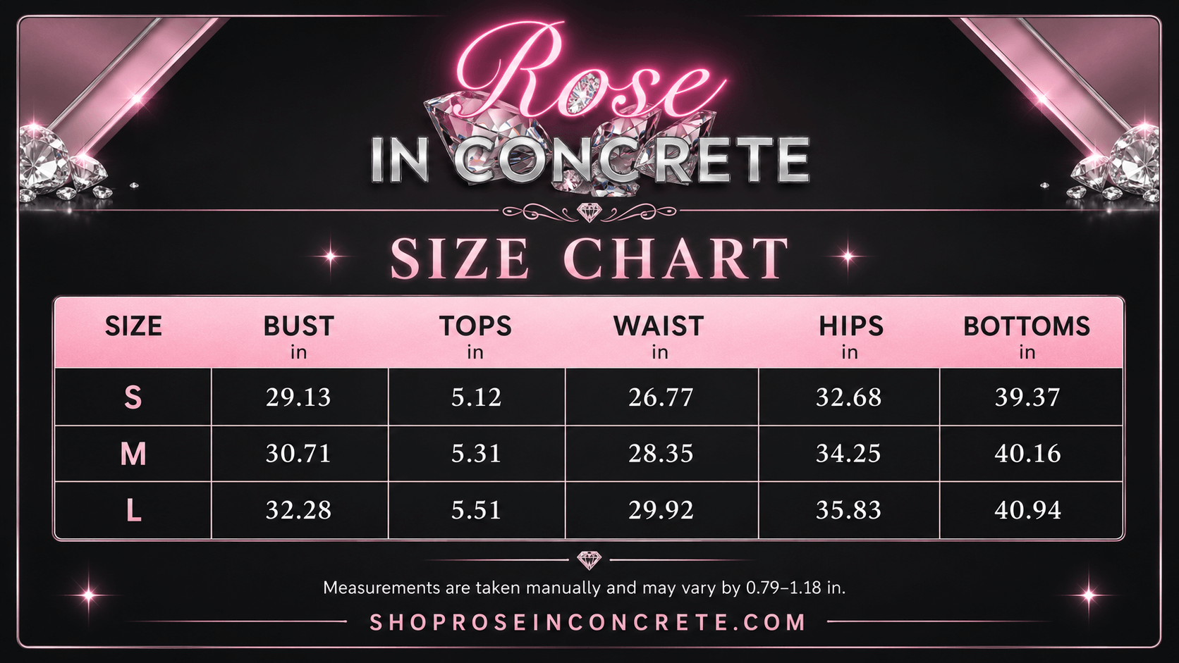 Size chart for Rose in Concrete including bust, waist, hips, and bottoms measurements for S, M, and L sizes.