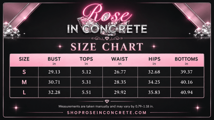 Size chart for Rose in Concrete including bust, waist, hips, and bottoms measurements for S, M, and L sizes.