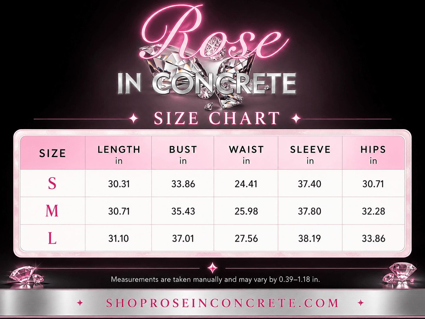 Size chart for Rose in Concrete dresses including S, M, L measurements for length, bust, waist, sleeve, and hips.