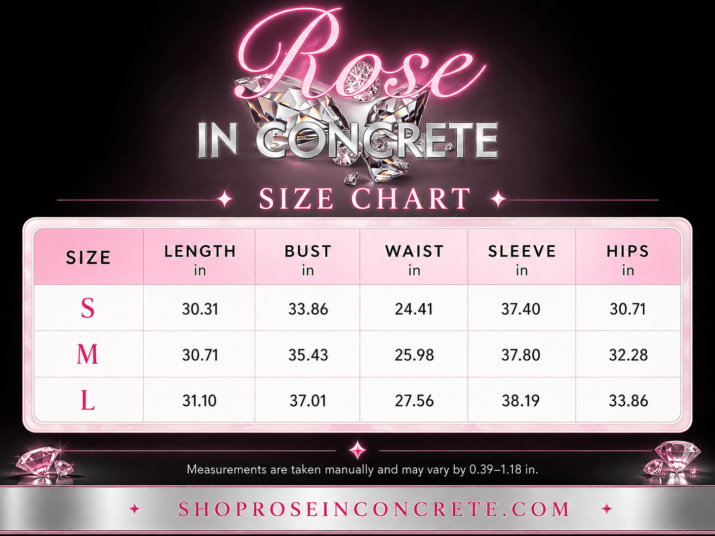 Size chart for Rose in Concrete dresses including S, M, L measurements for length, bust, waist, sleeve, and hips.
