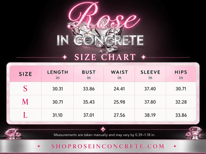 Size chart for Rose in Concrete dresses including S, M, L measurements for length, bust, waist, sleeve, and hips.