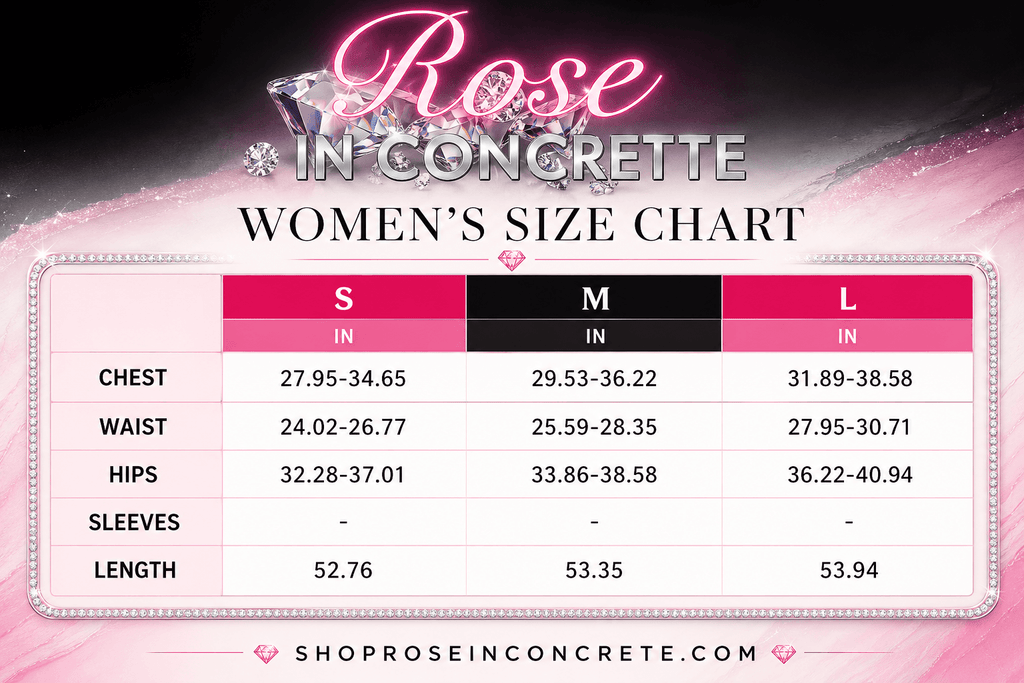 Rose in Concrete women's size chart for the colorblock plunge halter jumpsuit, featuring measurements for small, medium, and large.
